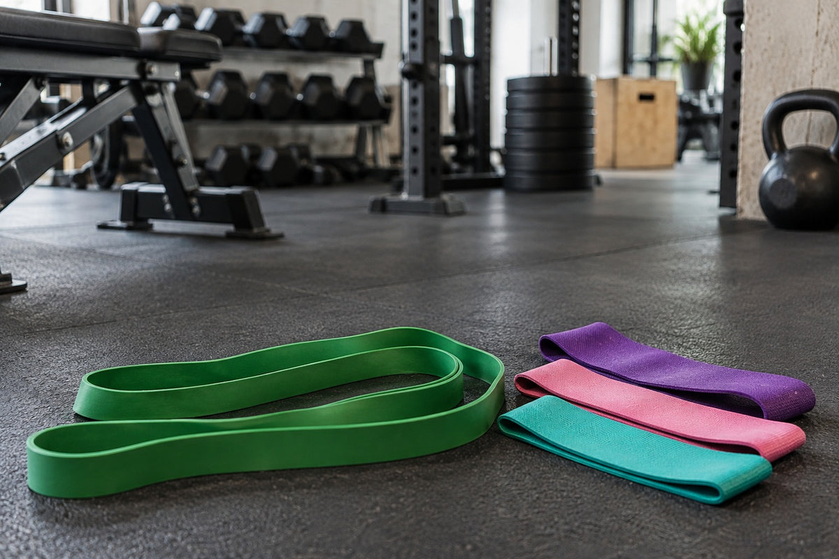 A long green resistance band beside three shorter loop bands in purple, pink and teal on a gym floor