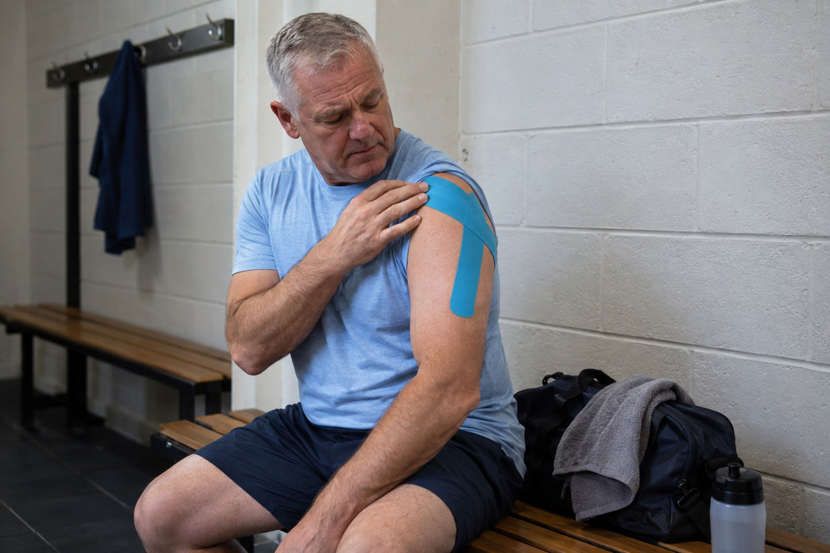 An older man on a changing room bench looking at blue kinesiology tape applied over his shoulder