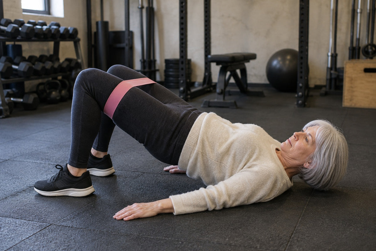 An older woman doing a glute bridge on a gym floor with a pink resistance loop band above her knees