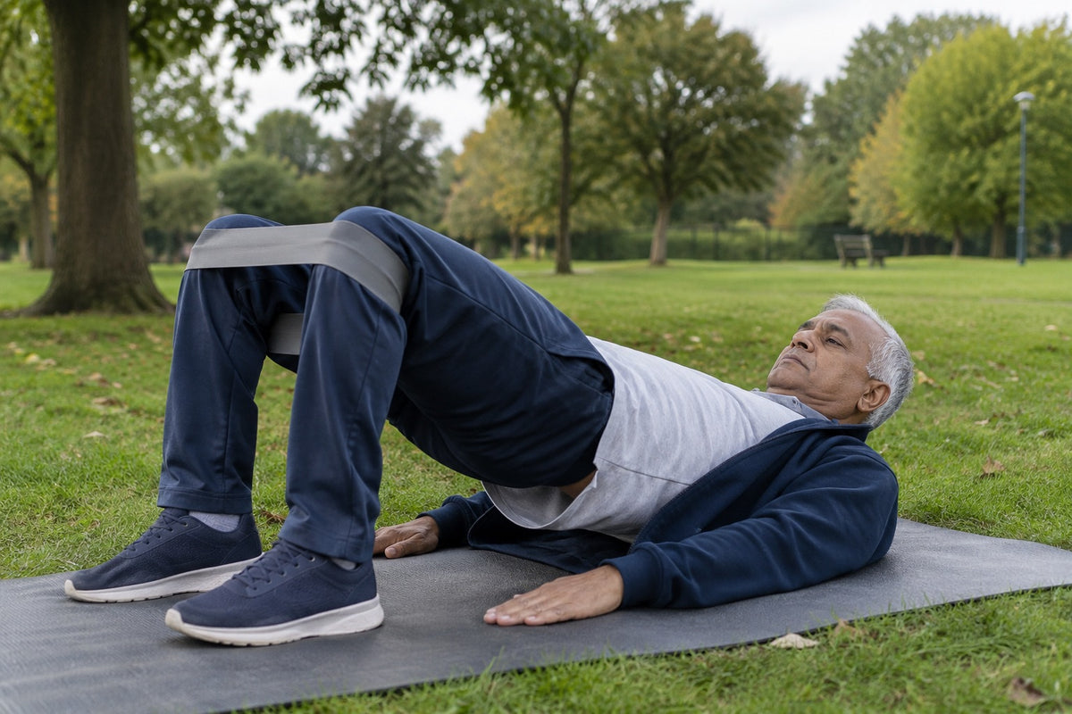 An older man doing a glute bridge on a mat in a park with a grey fabric resistance band above his knees