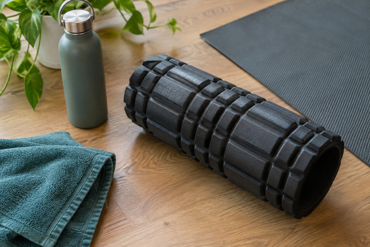 A black textured foam roller on a wooden floor beside a rolled exercise mat, water bottle and green towel
