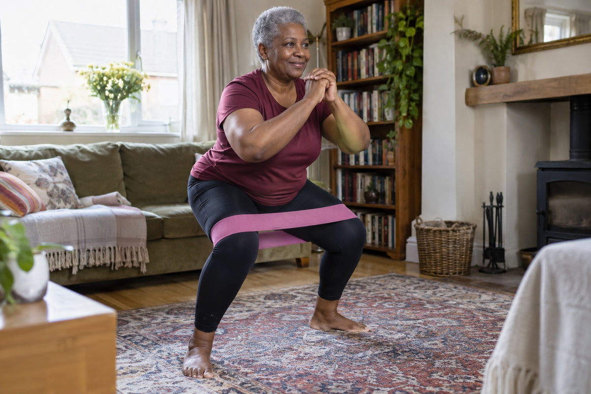 An older woman doing a squat in her living room with a pink fabric resistance band above her knees