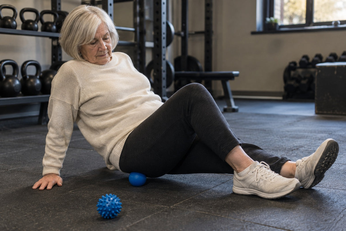 An older woman sitting on a gym floor easing a small blue massage ball under her glute, with a spiky ball nearby
