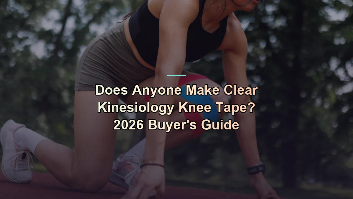 Sprinter at a starting position with pink and blue kinesiology tape on her knee — does anyone make clear kinesiology knee tape — Flexa.fit's complete 2026 guide