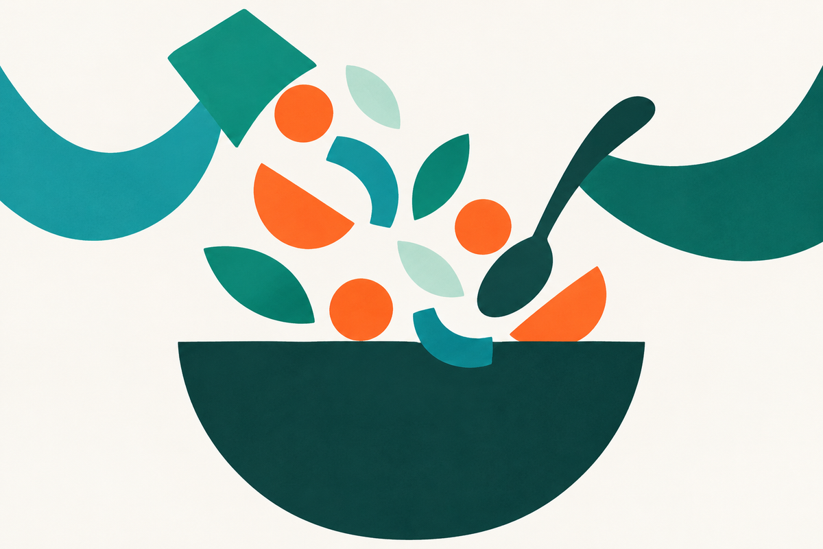 Abstract colourful food shapes and a spoon above a bold teal bowl.