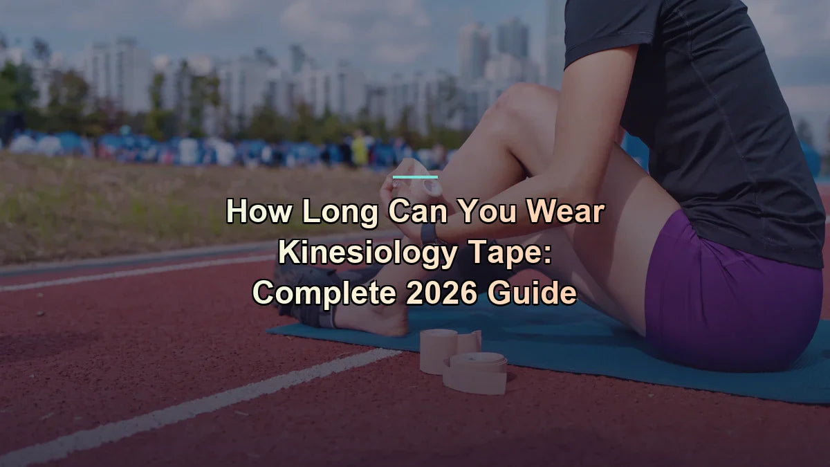 Track athlete applying fresh kinesiology tape to her shin beside a running lane — how long can you wear kinesiology tape — Flexa.fit's evidence-based 2026 guide