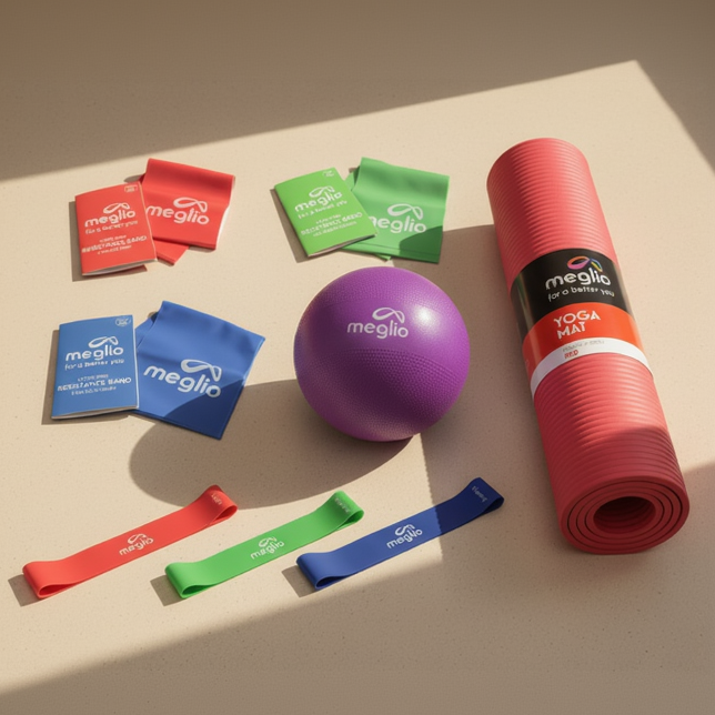 Yoga and fitness equipment with Meglio branding on a neutral background