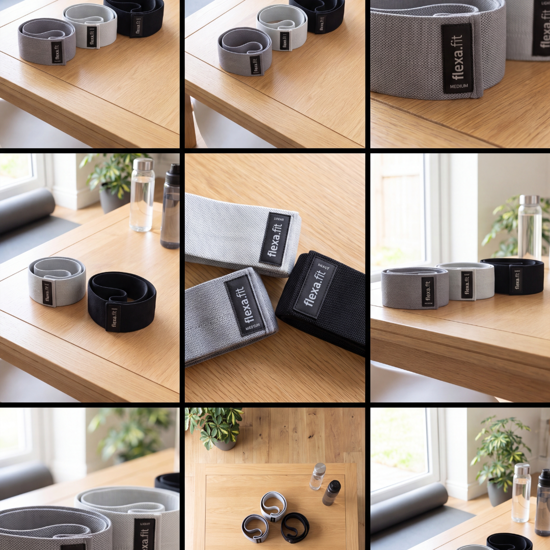 Collection of flexa.fit fabric glute resistance band photos on a wooden table