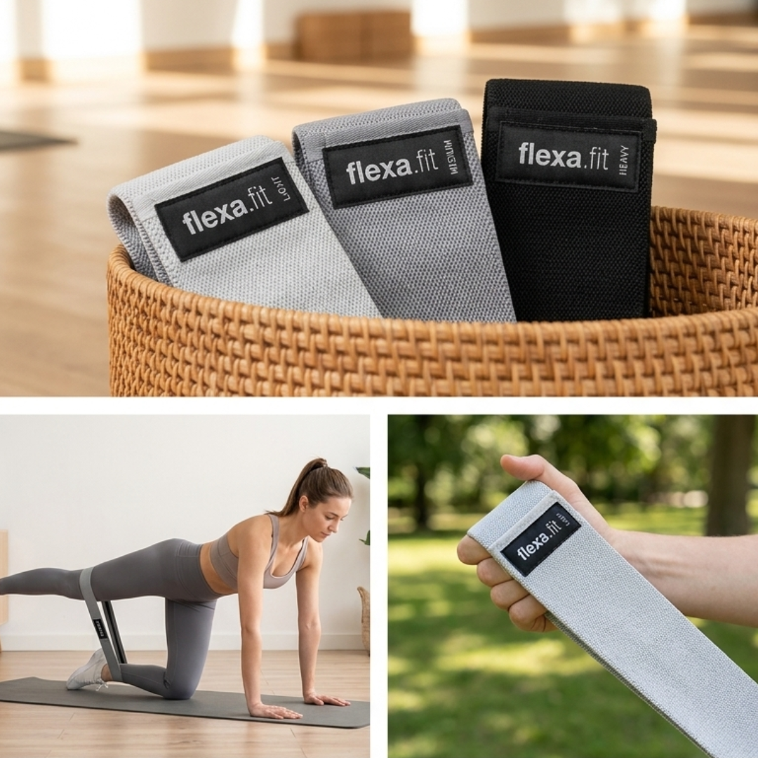 Glute band set in a storage basket, a kneeling glute kickback exercise and an outdoor close-up of the light grey band