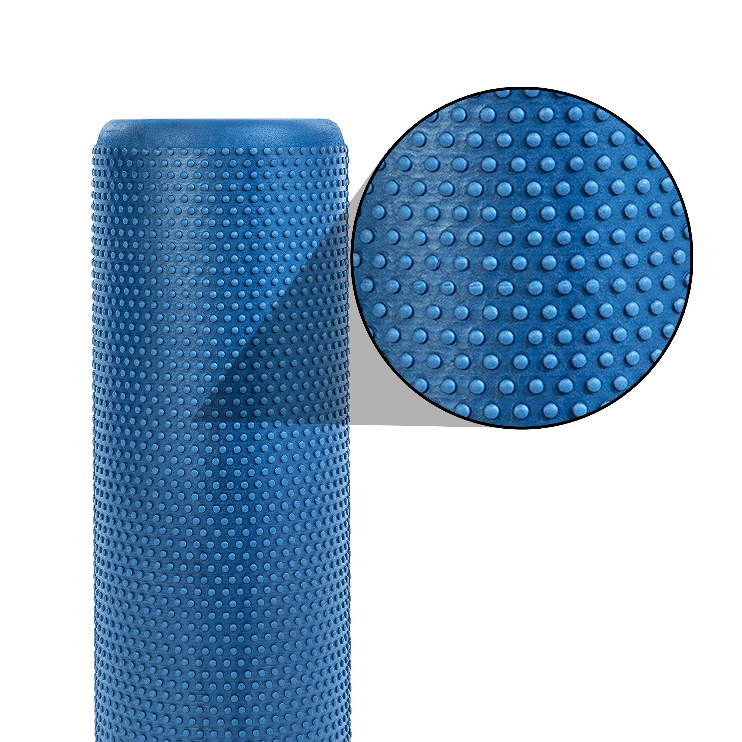 Blue high density EVA foam roller with dotted texture close up