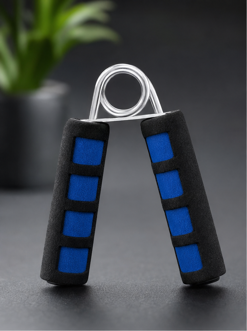 flexa.fit foam hand gripper standing upright, black and blue foam handles