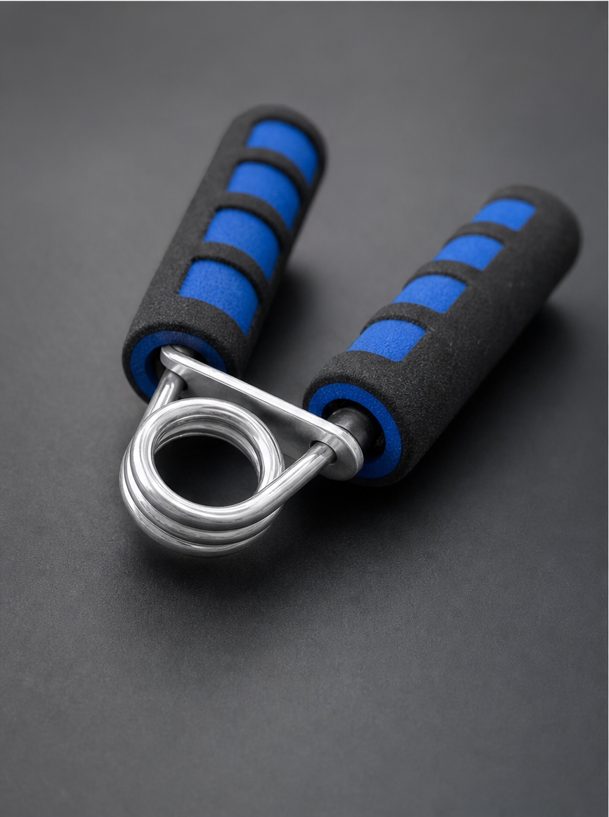 Foam hand gripper close up with chrome steel spring