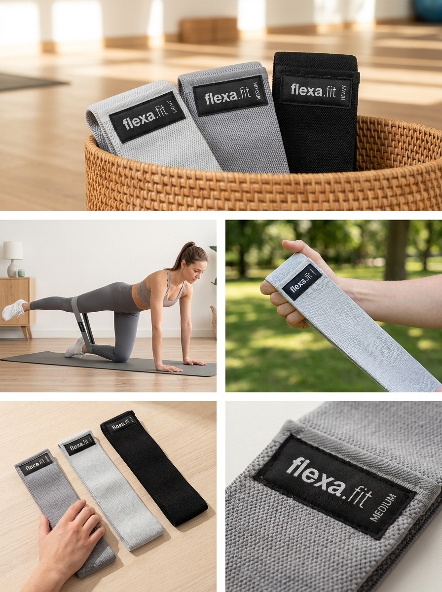 Four views of the flexa.fit glute band set including the medium band label close-up and a floor exercise