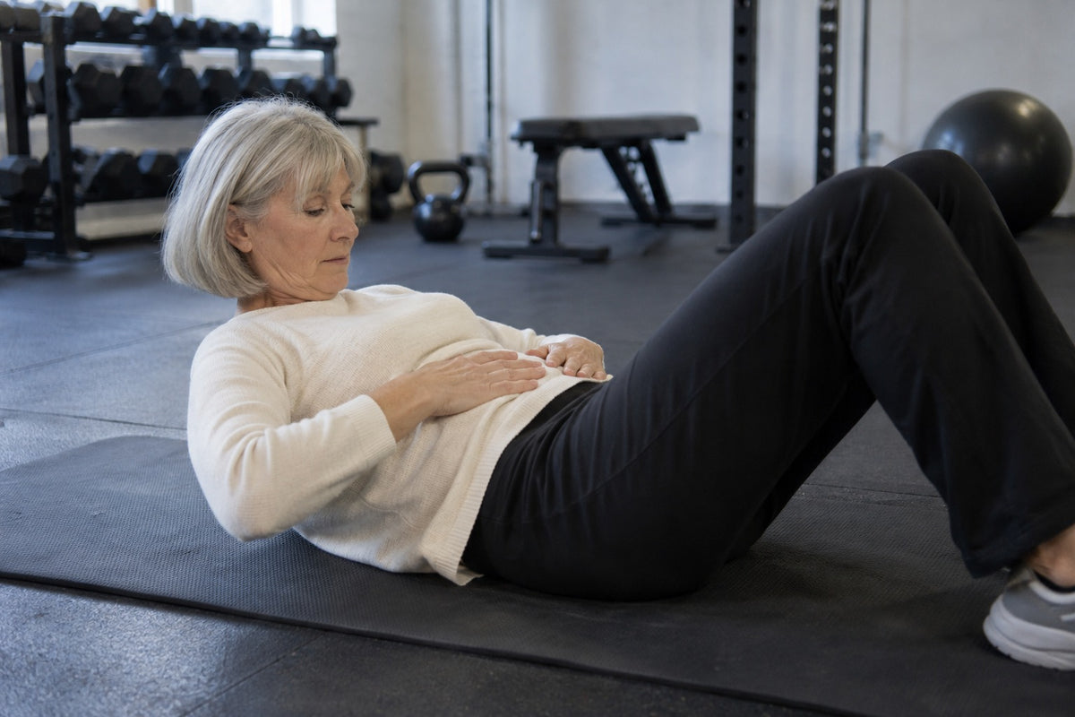 An older woman lying on a gym mat with knees bent, hands resting on her abdomen during a core exercise