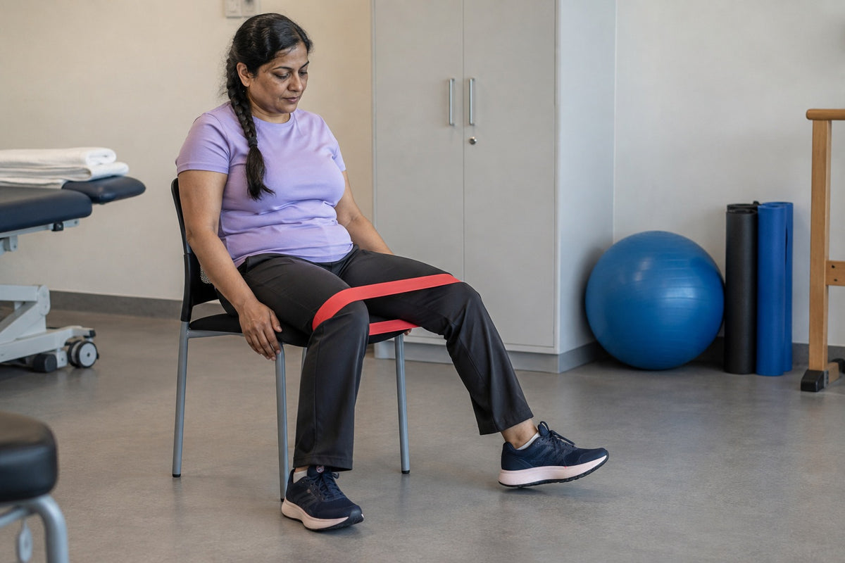 A woman sitting in a chair in a clinic doing a seated abduction exercise with a red resistance band above her knees
