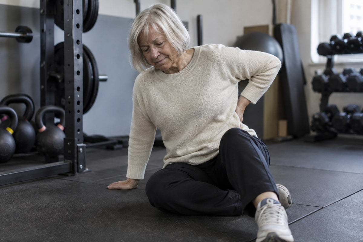 An older woman sitting on a gym floor holding her lower back with a pained expression