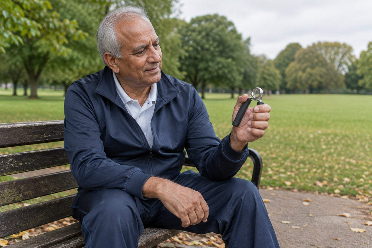 An older man on a park bench squeezing a black hand gripper