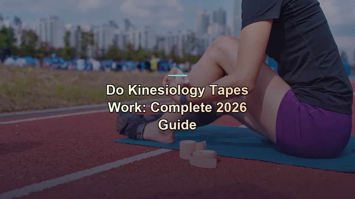 Track athlete applying fresh kinesiology tape to her shin beside a running lane — do kinesiology tapes work — Flexa.fit's practical 2026 guide