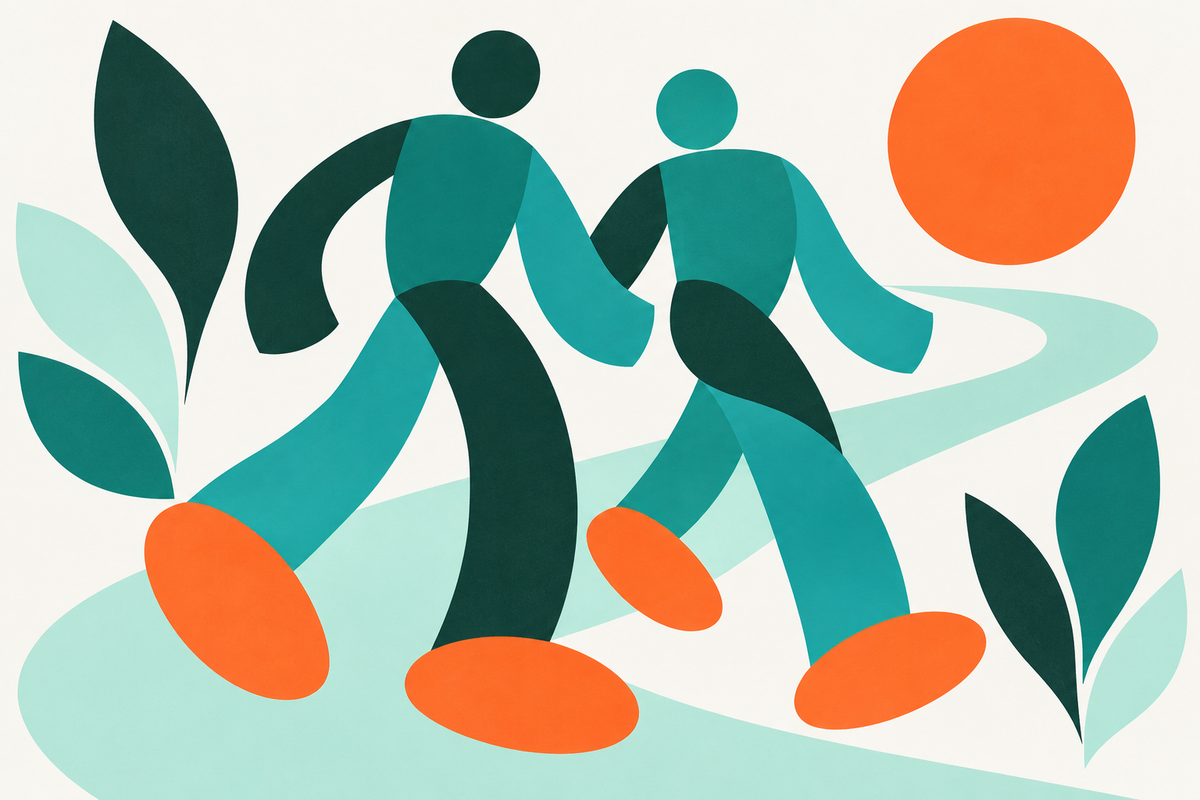 Abstract geometric figures walking along a curved mint path.