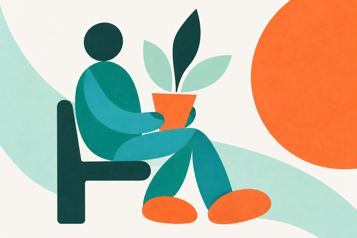 An abstract seated figure holding an orange plant pot.