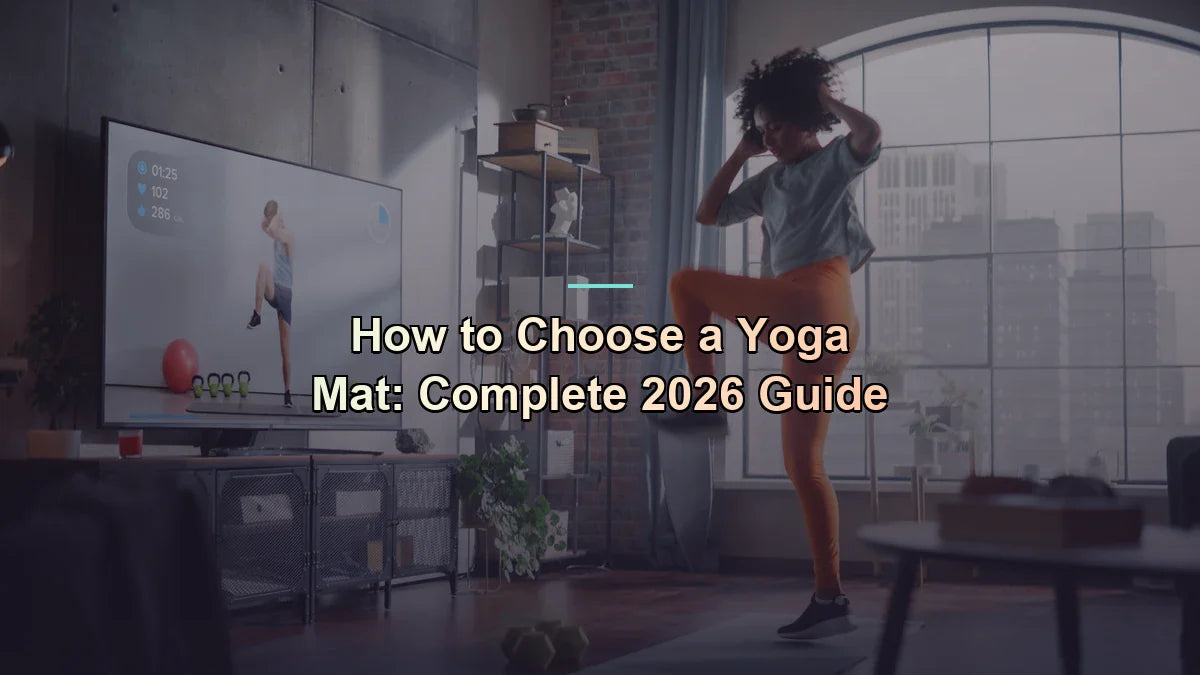 Woman following a home workout in her sunlit apartment with a fitness app on TV — how to choose a yoga mat — Flexa.fit's expert 2026 explainer
