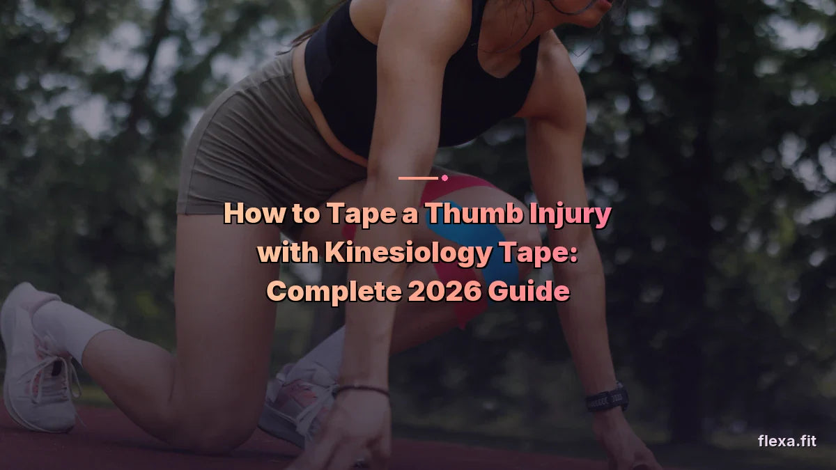 Sprinter at a starting position with pink and blue kinesiology tape on her knee — how to tape a thumb injury with kinesiology tape — Flexa.fit's evidence-based 2026 guide