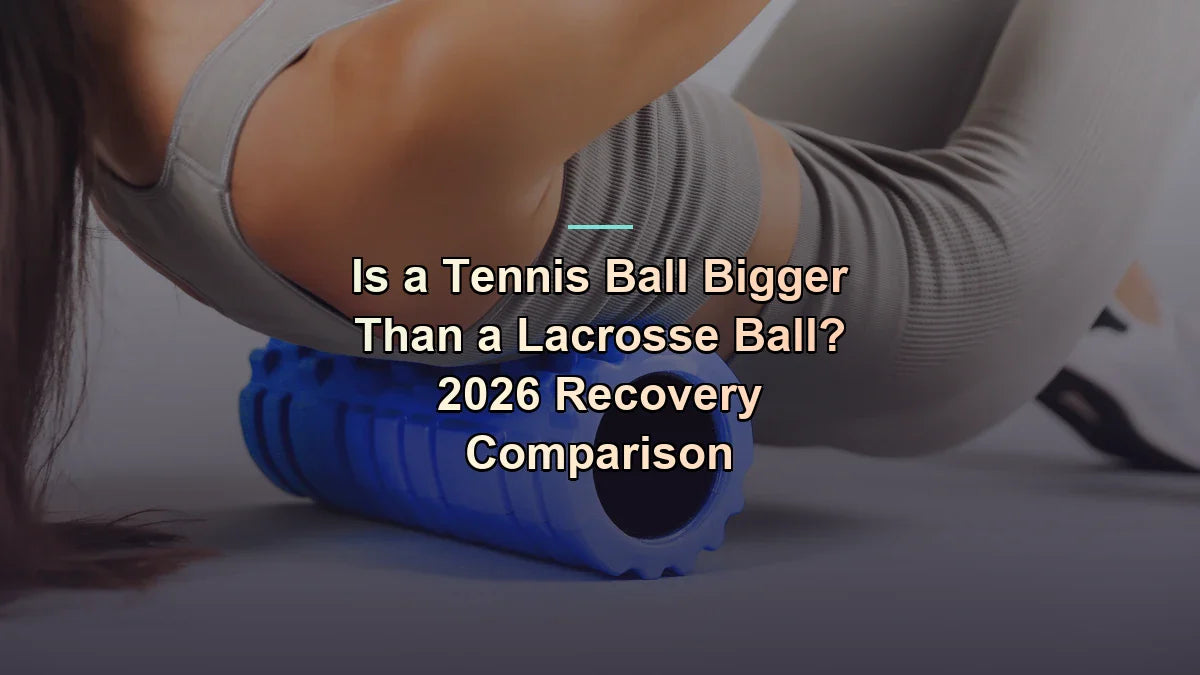 Close-up of a fitness model rolling her lower back on a blue foam roller — is tennis ball bigger than lacrosse ball — Flexa.fit's how-to guide for 2026