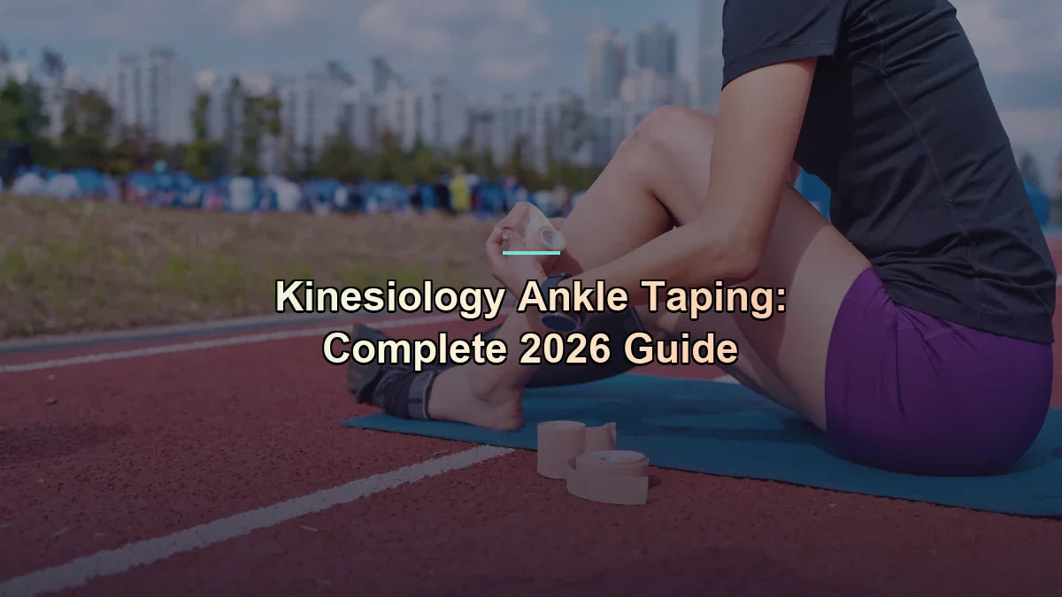 Track athlete applying fresh kinesiology tape to her shin beside a running lane — kinesiology ankle taping — Flexa.fit's UK 2026 explainer