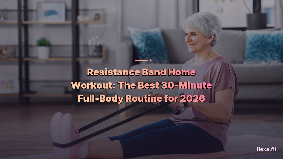 Smiling older woman rowing with a resistance band in her living room — resistance band home workout — Flexa.fit's expert 2026 explainer