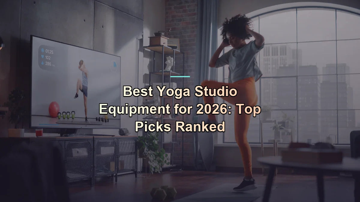 Woman following a home workout in her sunlit apartment with a fitness app on TV — yoga studio equipment — ranked by Flexa.fit for 2026