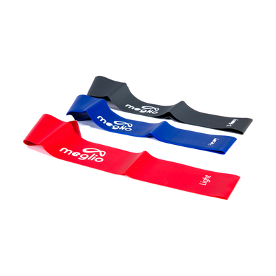 Three latex-free resistance loops in red light, blue heavy and black extra heavy
