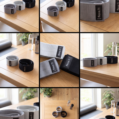 Collection of flexa.fit fabric glute resistance band photos on a wooden table