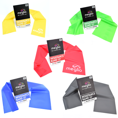 Resistance band strength chart: yellow extra-light, red light, green medium, blue heavy, black extra-heavy
