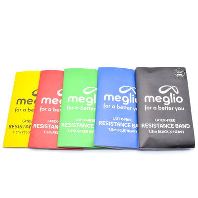 Five flexa.fit resistance bands fanned out showing extra-light, light, medium, heavy and extra-heavy strengths