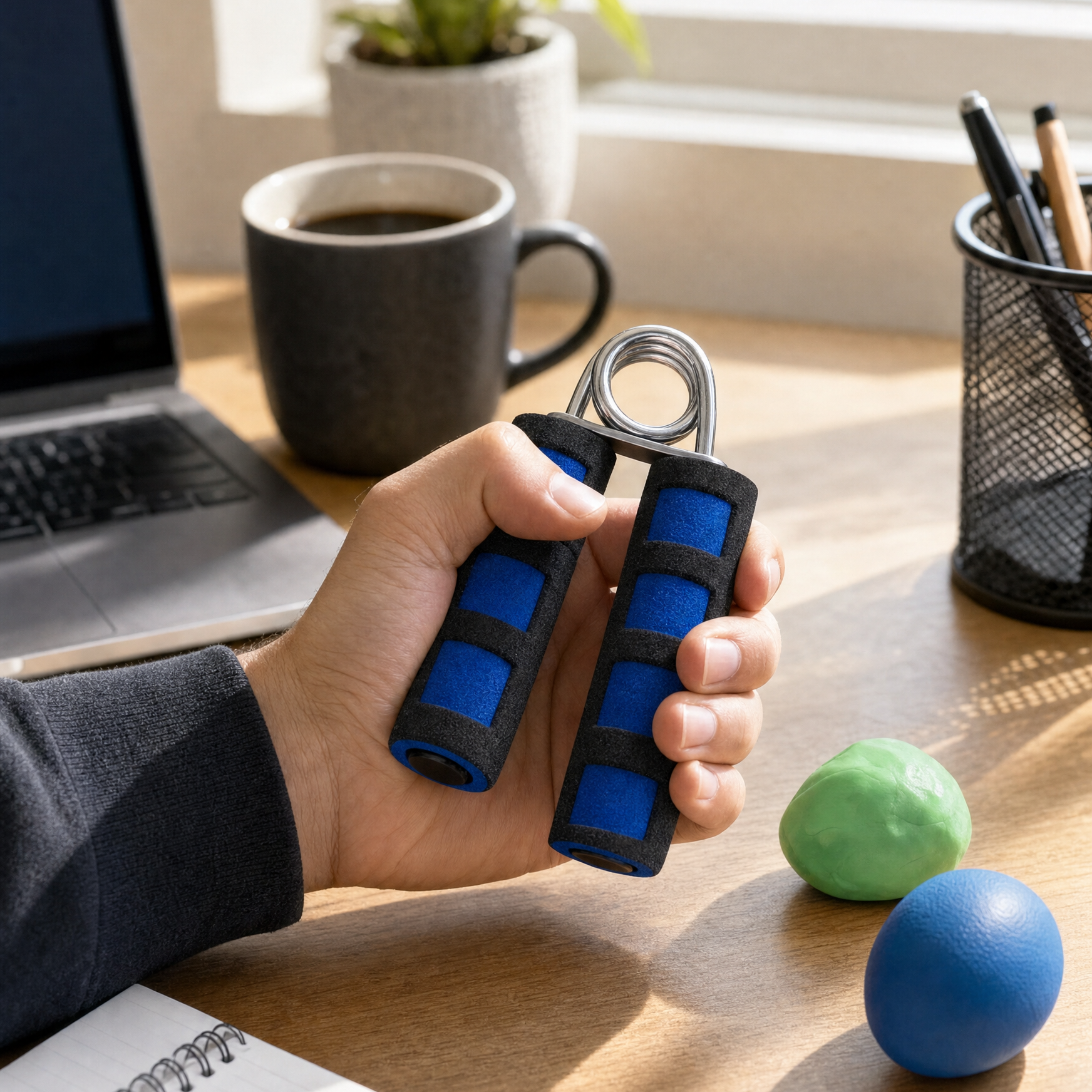 Hand squeezing a flexa.fit foam hand gripper at a desk, with hand exercise massage eggs beside a notebook