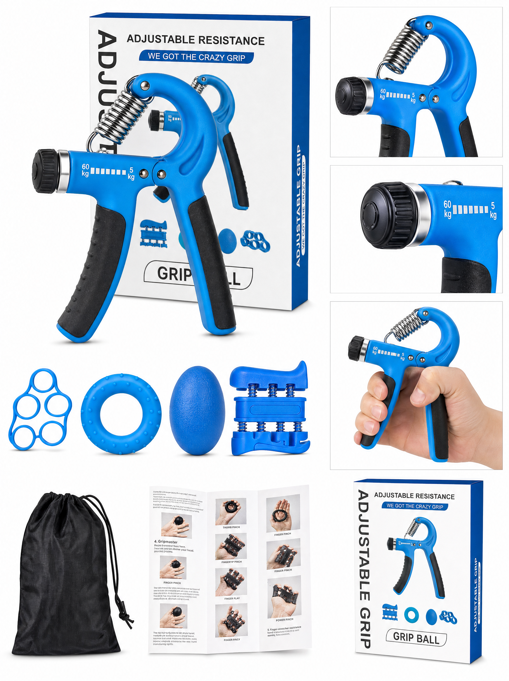 Hand gripper set box contents with carry bag and exercise guide