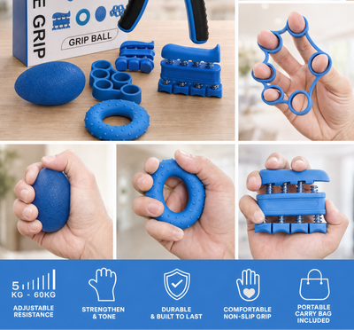 flexa.fit hand gripper set with adjustable 5-60kg gripper, finger stretcher, grip ring, grip ball and finger exerciser