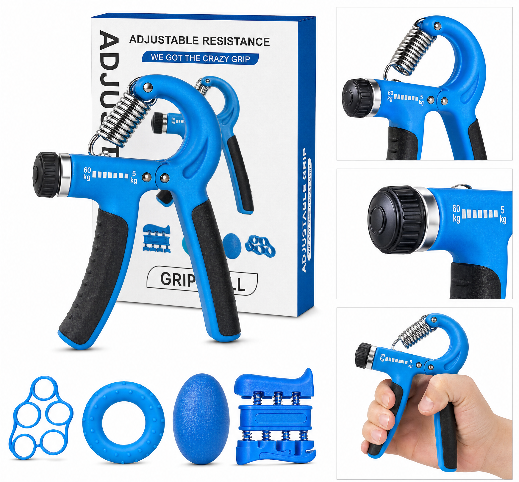 flexa.fit adjustable hand gripper set: 5-60kg gripper, finger stretcher, grip ring, grip ball and finger exerciser
