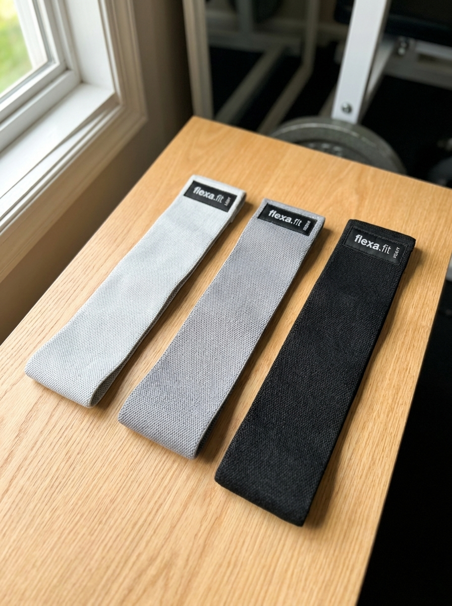 flexa.fit fabric glute resistance band set of three in light grey, dark grey and black on a wooden desk