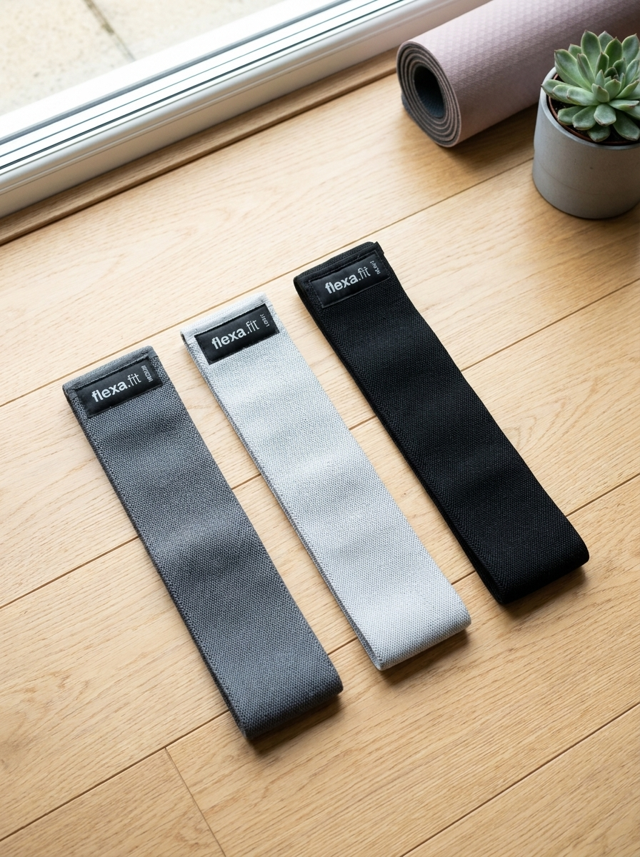 Three flexa.fit fabric glute resistance bands in light grey, dark grey and black beside a yoga mat