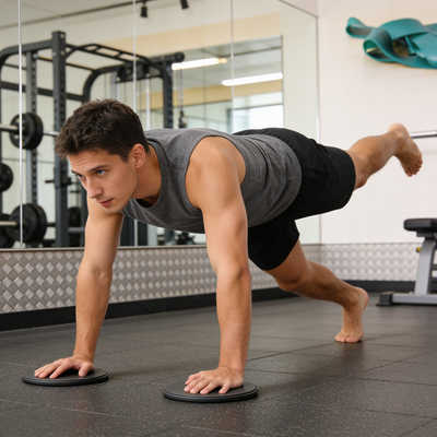 Core sliders in use during a plank mountain climber workout in the gym