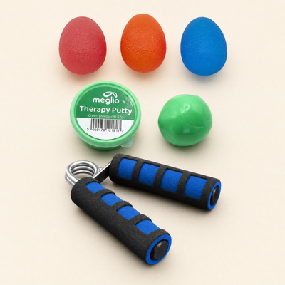 flexa.fit Grip Strength Kit, a foam hand gripper with a tub of therapy putty and three hand exercise massage eggs