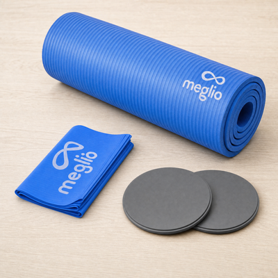 flexa.fit Home Fitness Kit, the 10mm yoga mat rolled up with a folded resistance band and a pair of core sliders