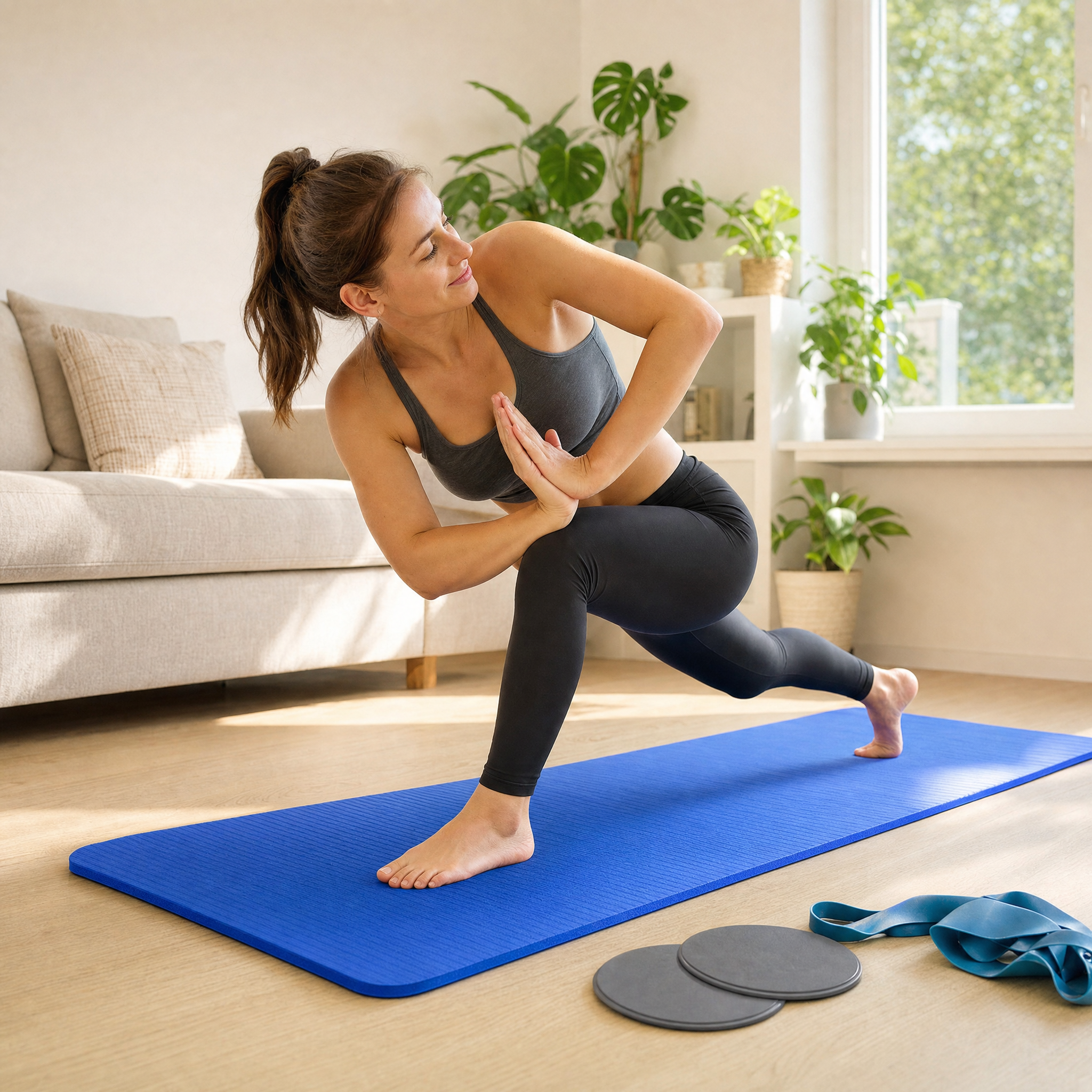 Woman in a low lunge on the flexa.fit 10mm yoga mat at home, with core sliders and a resistance band on the floor beside her