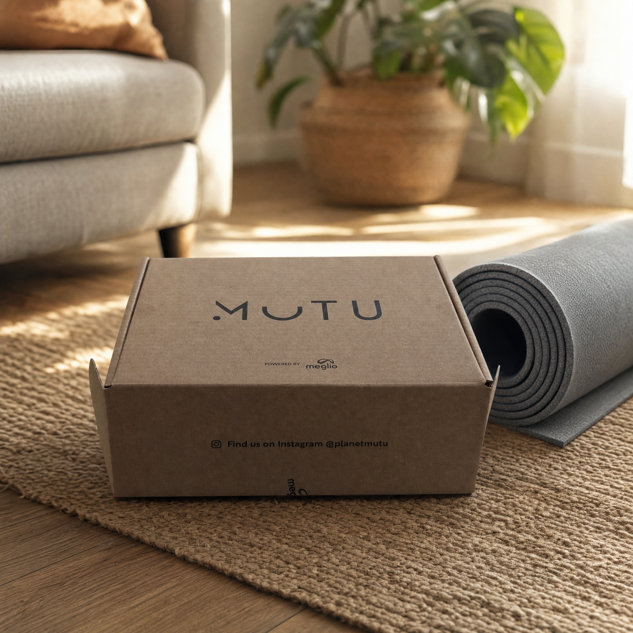 The MUTU Pack box on a living room floor next to a rolled yoga mat