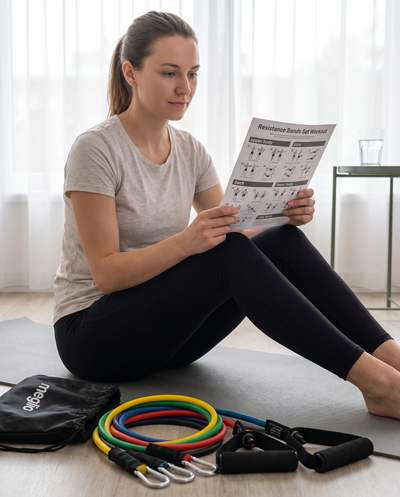 Woman reading an exercise guide beside five coloured resistance tubes, handles and a Meglio carry bag