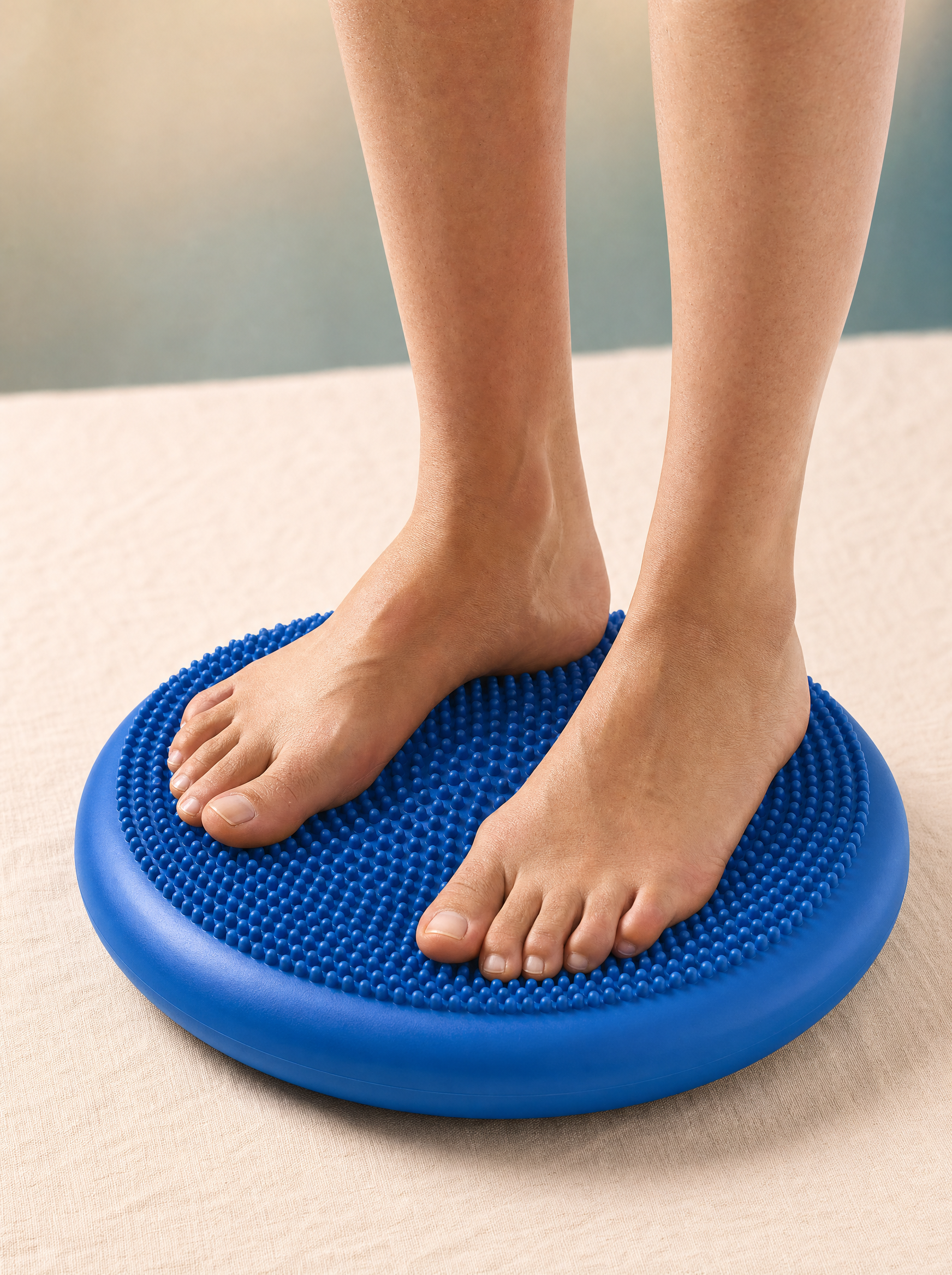 Person balancing barefoot on a blue wobble cushion for core and ankle stability