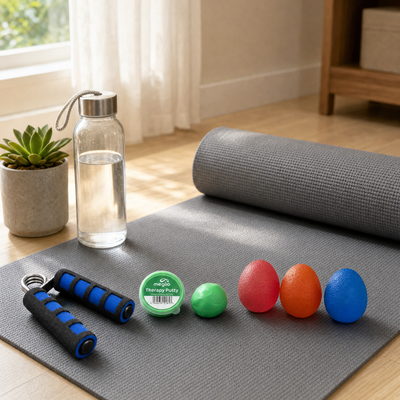 flexa.fit Grip Strength Kit laid out on a yoga mat, the foam hand gripper with a tub of therapy putty and three hand exercise massage eggs